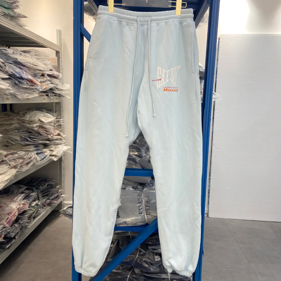 Stylish Saint Michael "SMOKERS FANTASY" letter print washed distressed lace-up loose-fitting velvet sweatpants Style number: SM639 Size: S-M-L-XL Color: black-light blue Price: P236
